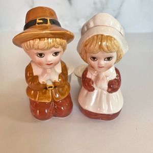 Vintage Lefton Thanksgiving Pilgrim Boy & Girl Candle Holder Figurines Ceramic